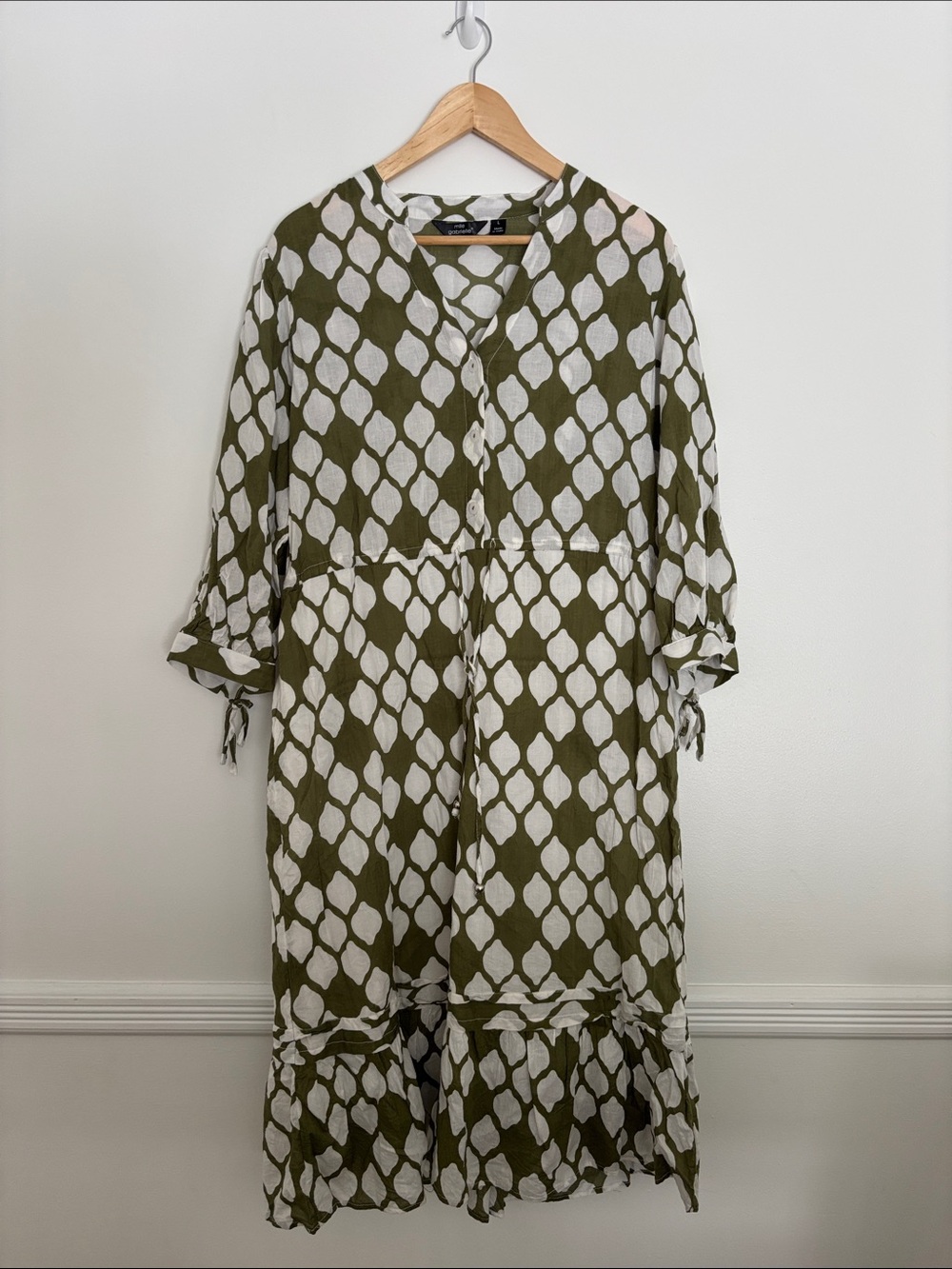 Olive & White Printed Button-Front Women’s Dress
